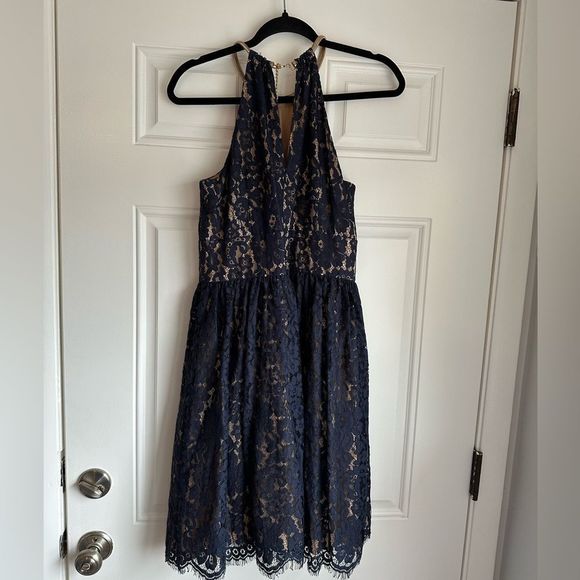 Eliza J Navy Blue Lace Halter Dress nude gold neck detail size 8 - Picture 6 of 8